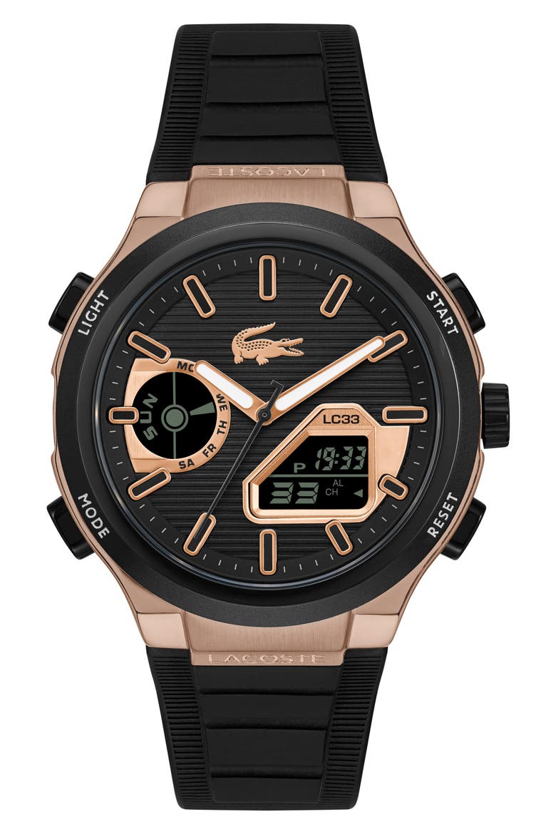 LC33 Analog-Digital Silicone Strap Watch, 44.8mm, Main, color, BLACK/ ROSE GOLD