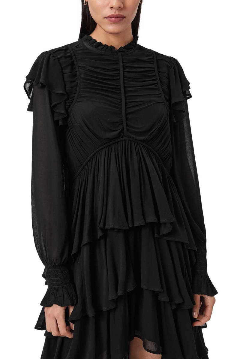 AllSaints Leila Layered Ruffle Long Sleeve High-Low Maxi Dress, Alternate, color, Black