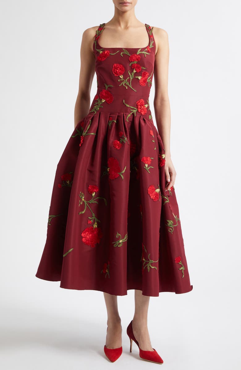 Carolina Herrera Embroidered Floral Silk Faille Dress, Main, color, Rioja Multi