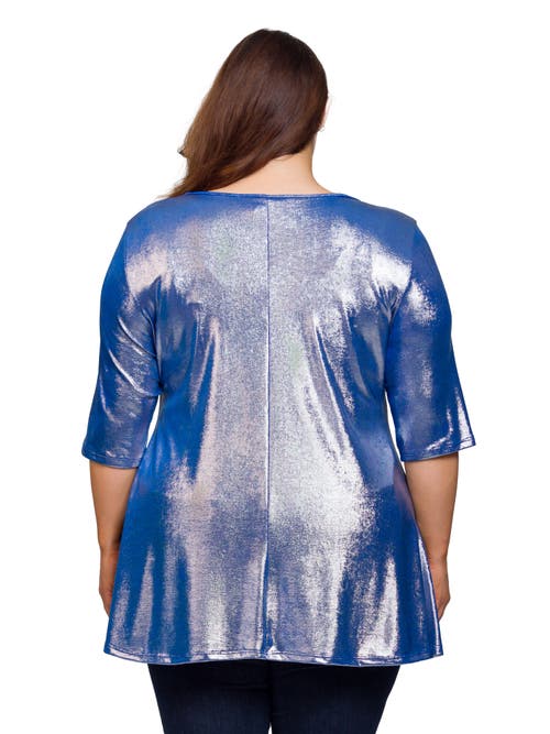 24seven Comfort Apparel Metallic Scoop Neck Flared Tunic Top In Blue