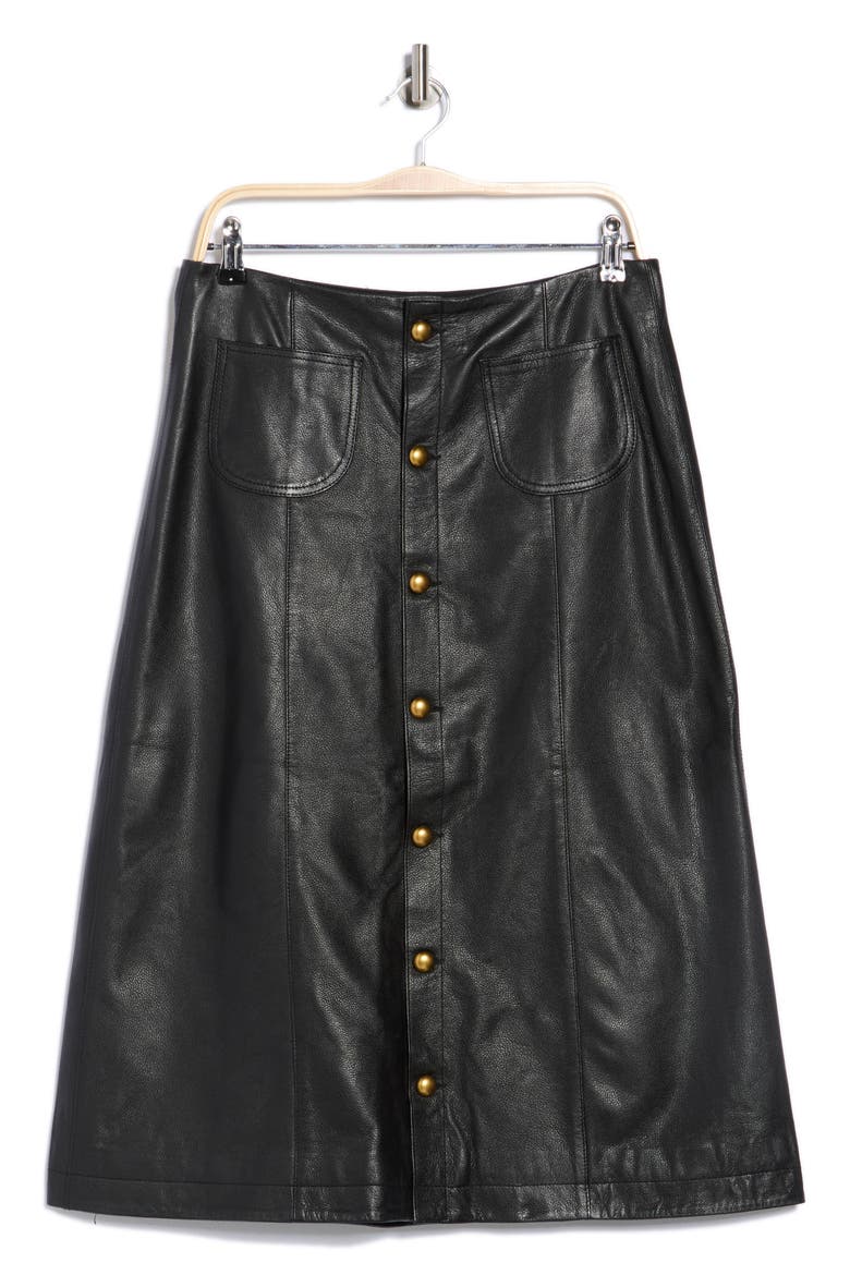 Button-Through Leather Skirt, Alternate, color, OBSIDIAN