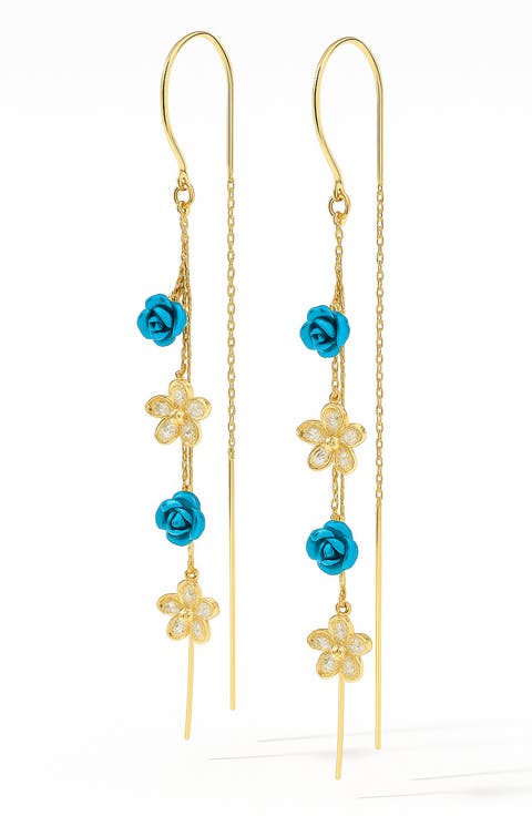 Aqua Flower Threader Earrings