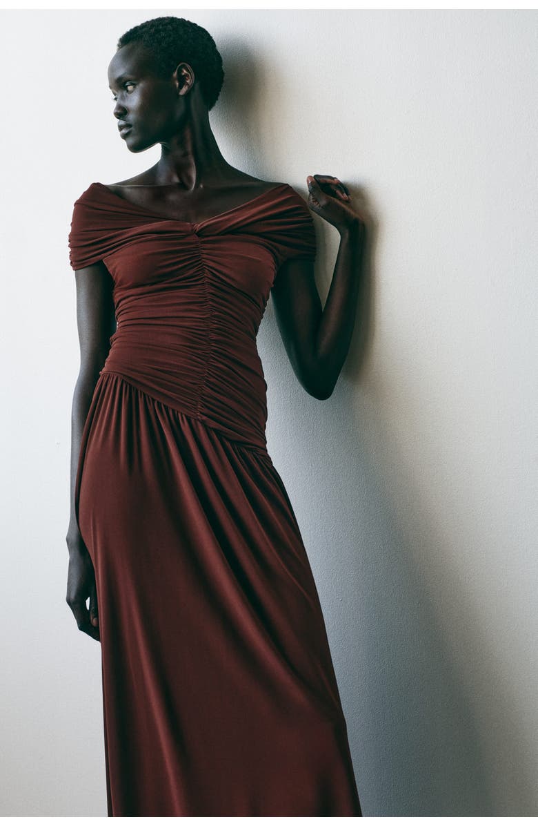 H&M Draped Off-the-shoulder Jersey Dress, Alternate, color, Dark Brown