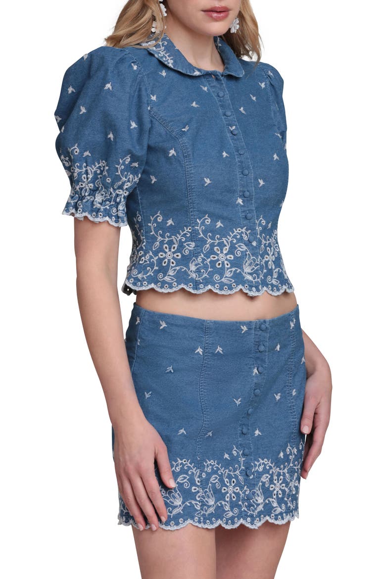 Embroidered Puff Sleeve Scallop Crop Chambray Shirt, Alternate, color, NEEDLE BLUE
