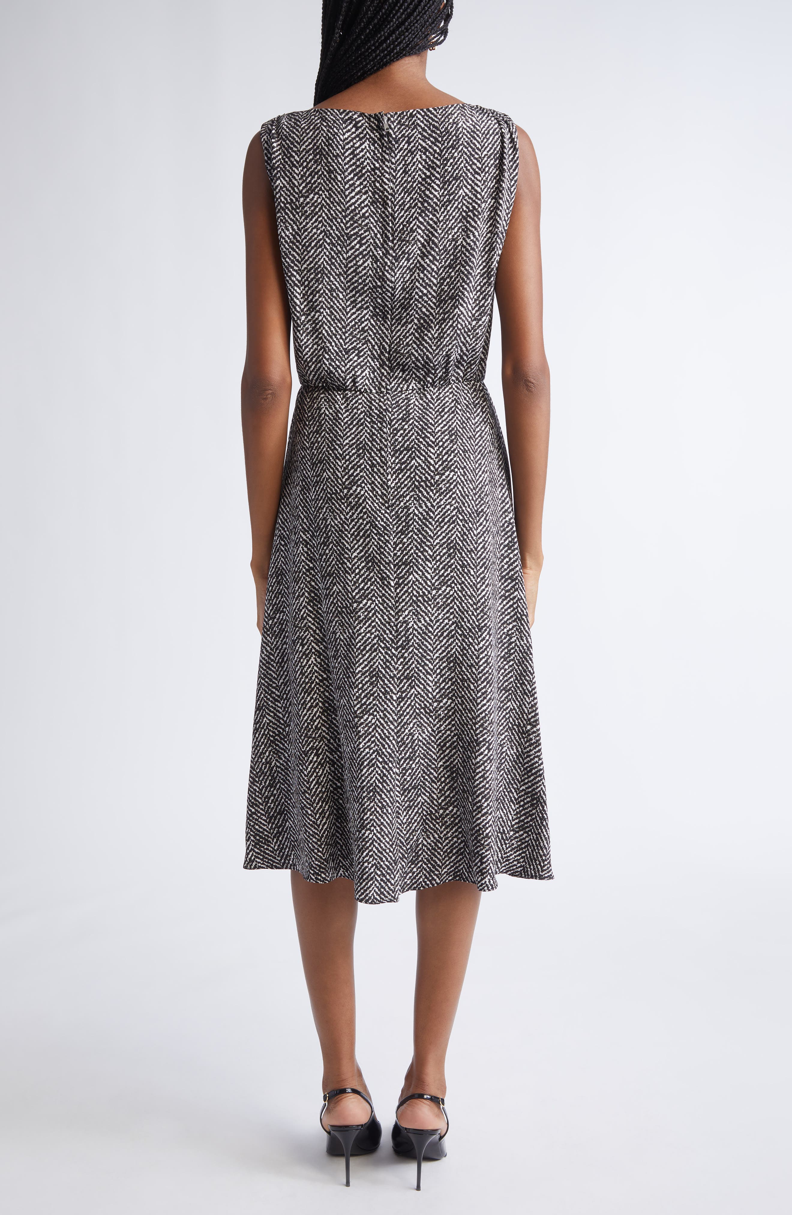 Herringbone Print Draped Crepe Cocktail Dress - image 2