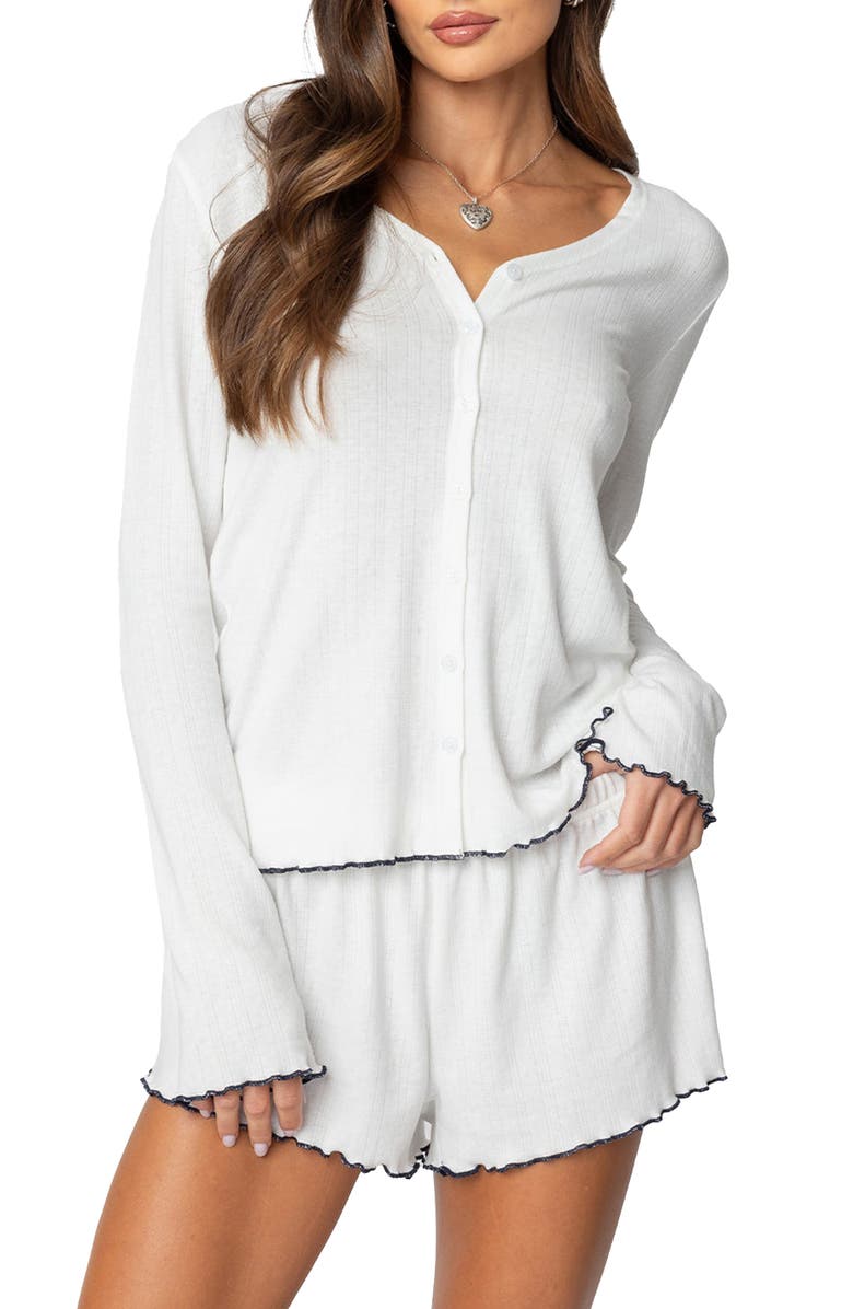 EDIKTED Chelsey Pointelle Button-Up Top, Main, color, White