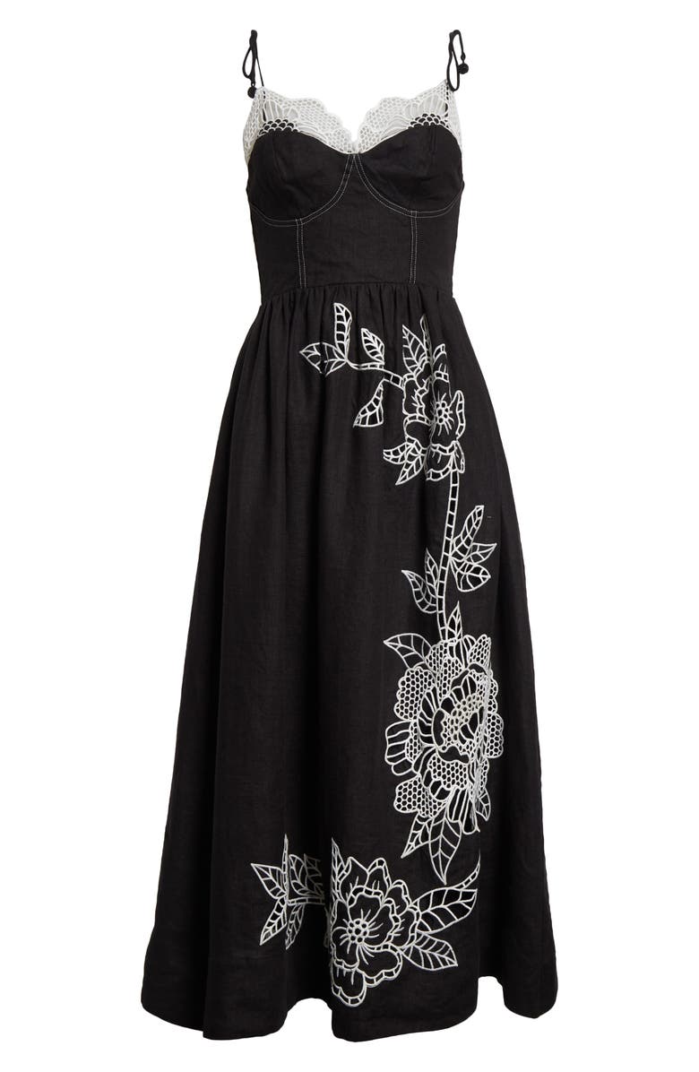 FARM Rio Richelieu Crochet Lace Linen Midi Sundress, Alternate, color, Black