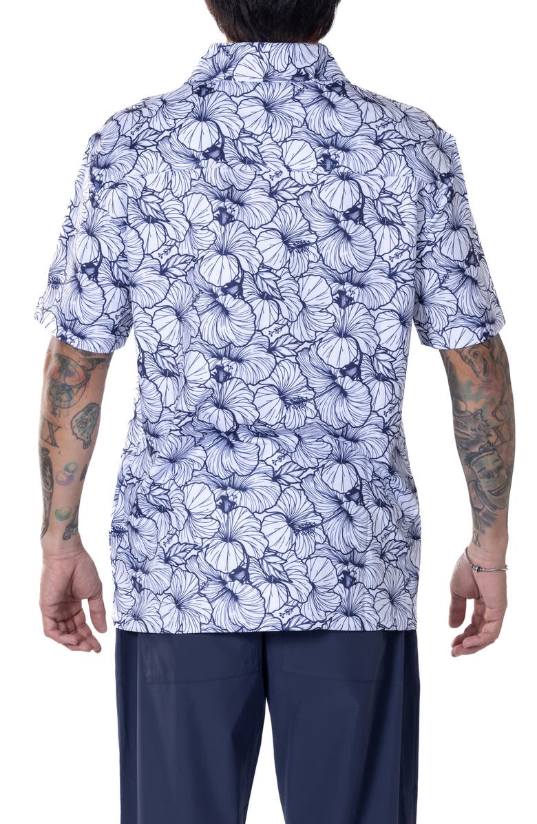 VAST Hibiscus Print Floral Short Sleeve Performance Button-Up Shirt, Alternate, color, White
