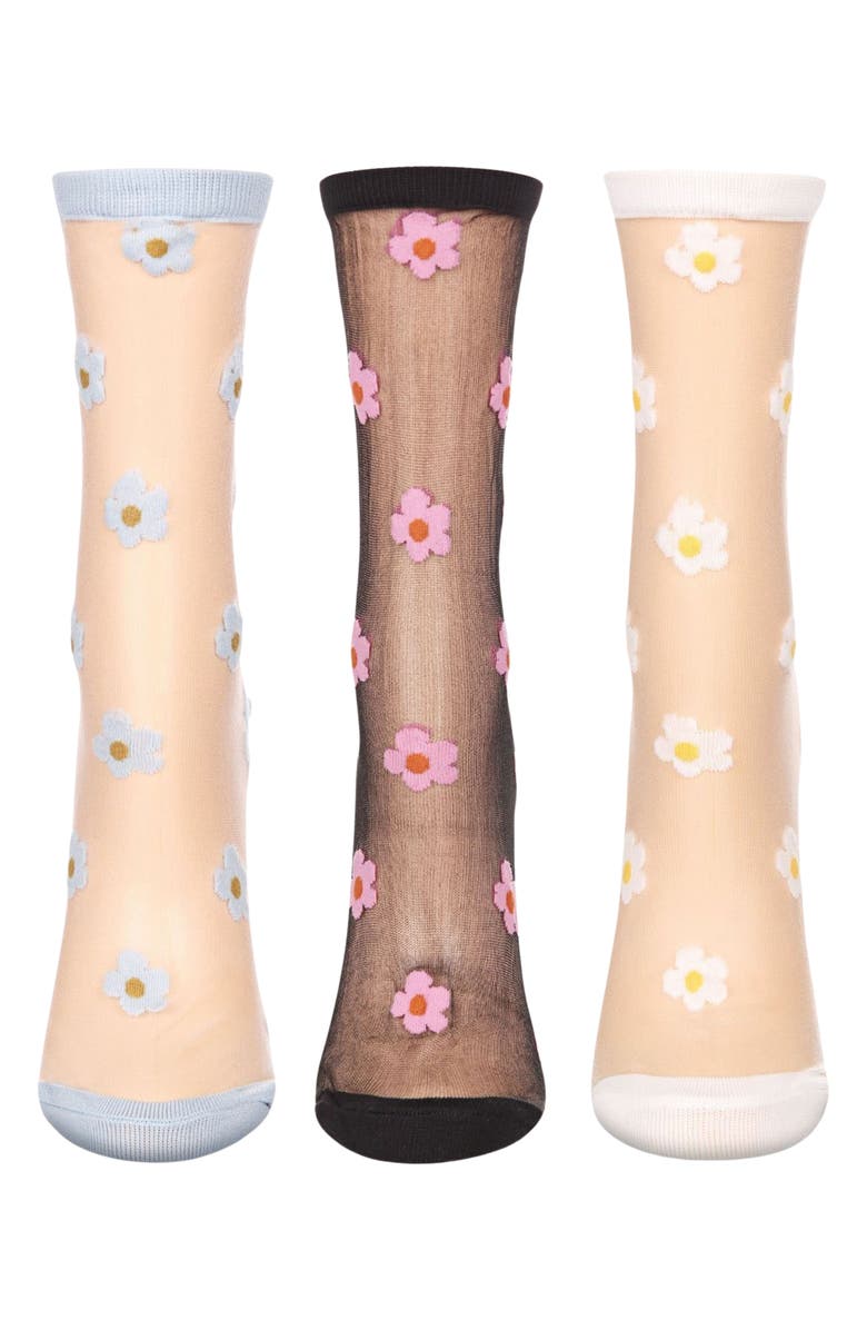 MeMoi Daisy Assorted 3-Pack Sheer Crew Socks, Alternate, color, Black-White-Gray