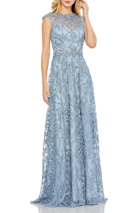 関税送料込【MAC DUGGAL】ロング ドレス リボン Vネック ブルー SALE】長袖 Vネック ドレープクレープガウン ロングドレス
