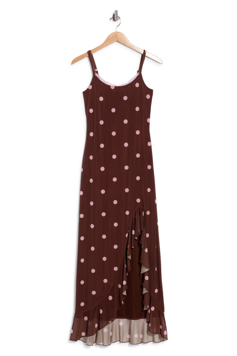 Lace Trim Polka Dot Ruffle Slit High Low Dress, Alternate, color, BROWN PINK