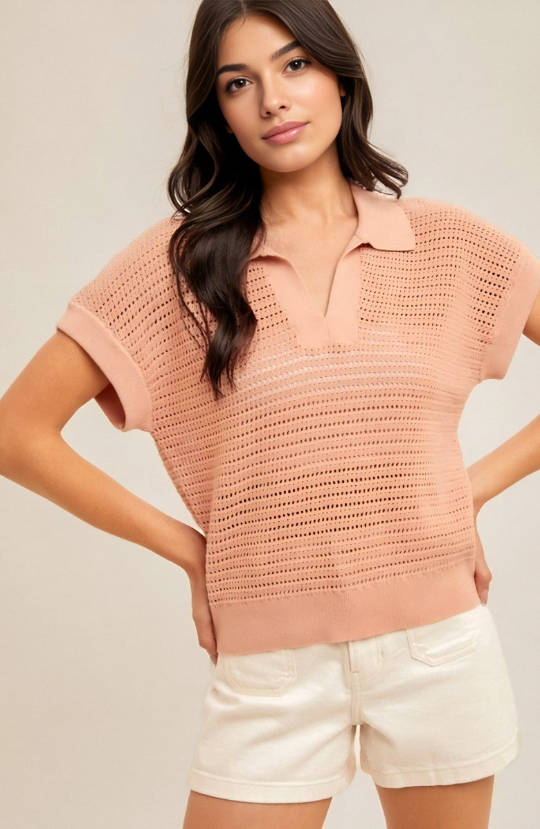 Knit and Lounge Short-Sleeve Collared Pointelle Knit Top, Alternate, color, Coral