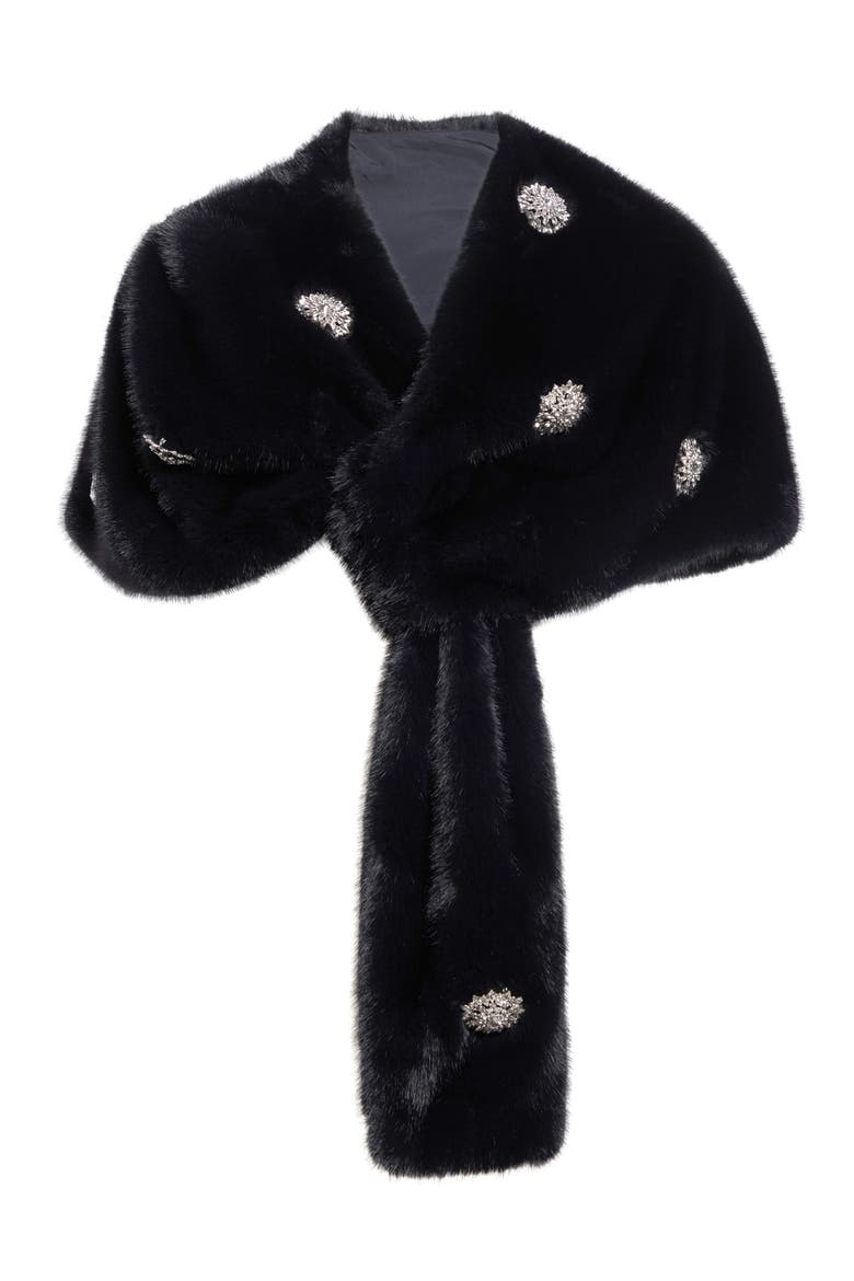 Rhinestone Dahlia Gianella Faux Fur Stole, Main, color, BLACK