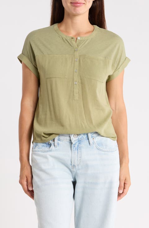 Mixed Media Short Sleeve Cotton Henley Top