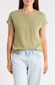 Lucky Brand Mixed Media Short Sleeve Cotton Henley Top