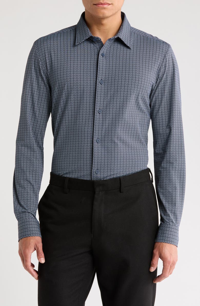 BOSS Roan Kent Geo Print Button-Up Shirt, Main, color, Dark Blue