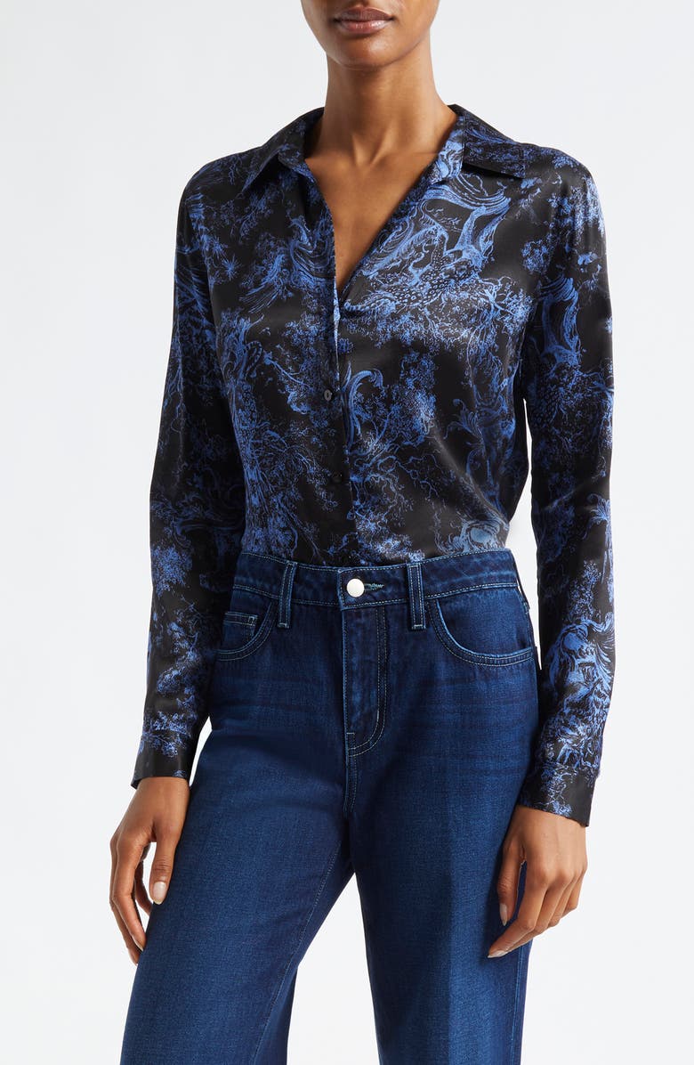 L'AGENCE Tyler Print Silk Button-Up Shirt, Main, color, Blackperi