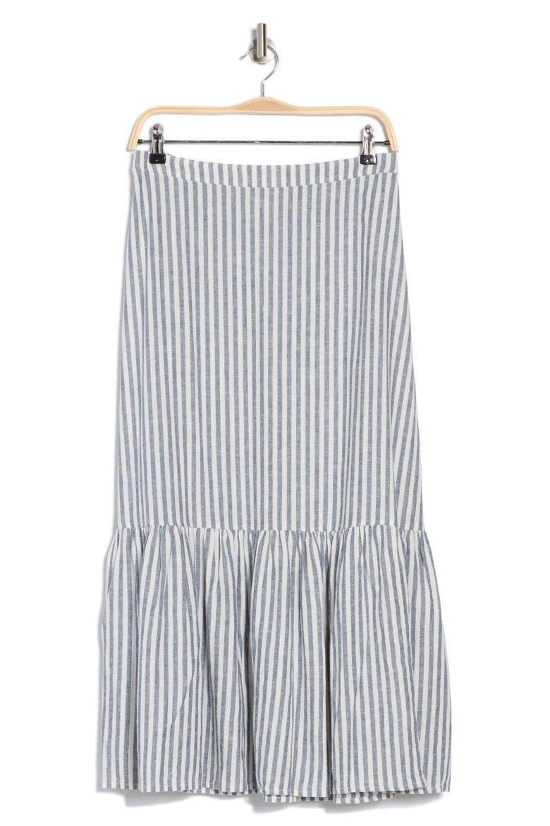 Stripe Tiered Linen Blend Midi Skirt, Alternate, color, BLUE INSIGNIA- IVORY BRIANNE S
