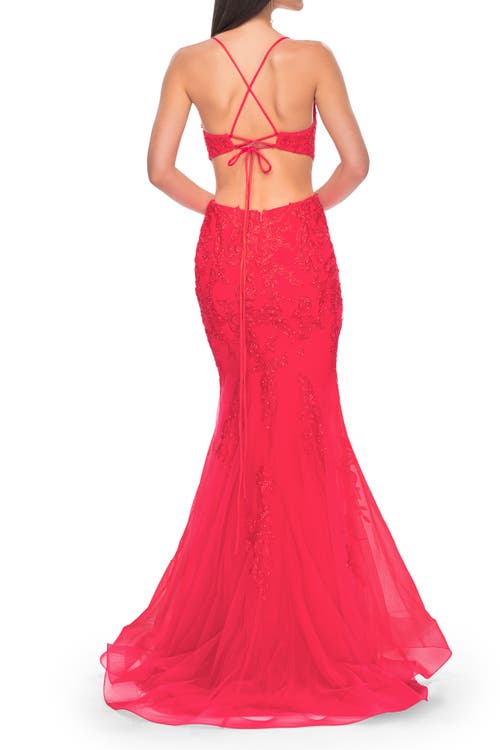 La Femme Lace And Tulle Mermaid Gown With Side Cut Outs