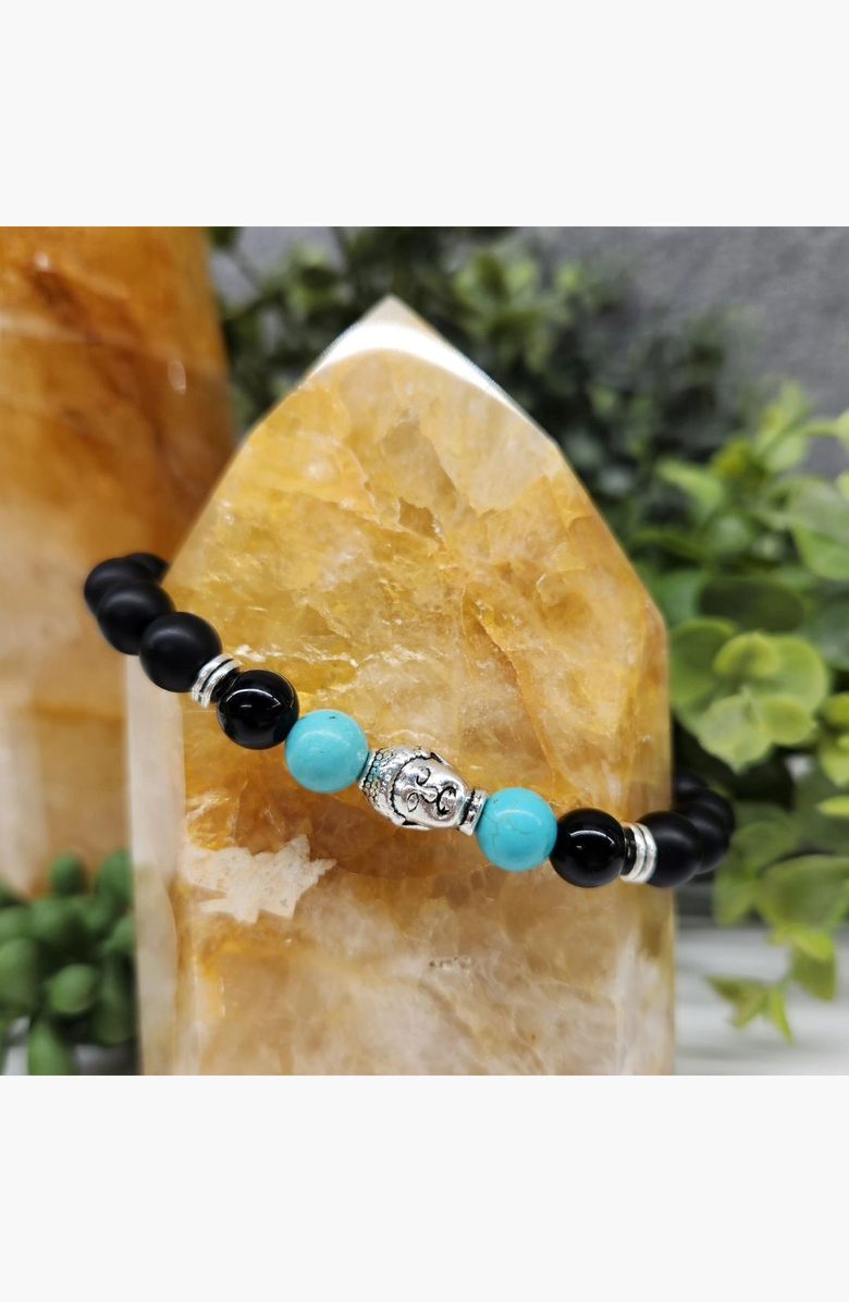 Humanist Beauty Buddha Obsidian Beaded Bracelet, Alternate, color, Selenite / Silver Tone