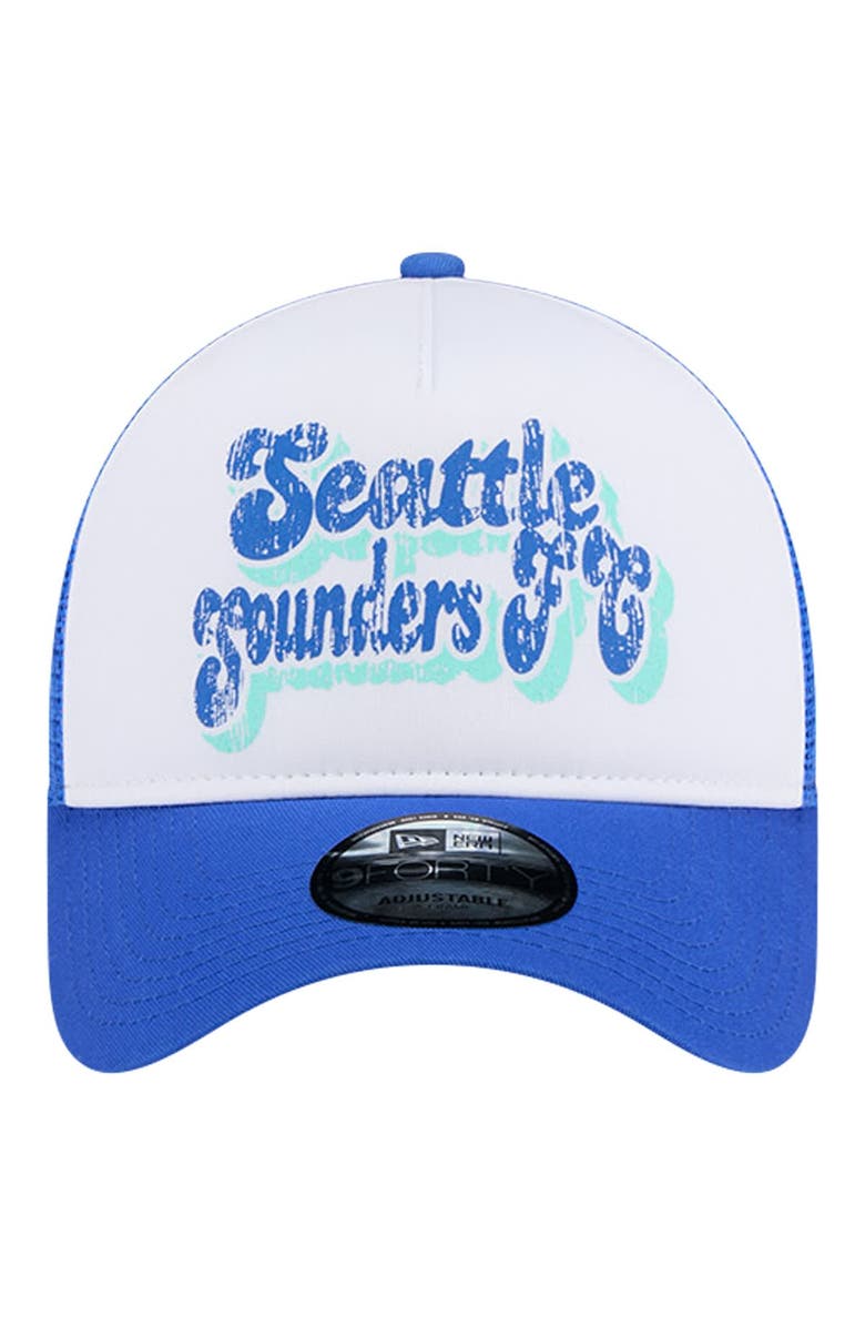 New Era Women's New Era White/Blue Seattle Sounders FC Throwback A-Frame Trucker 9FORTY Snapback Hat, Alternate, color, 
