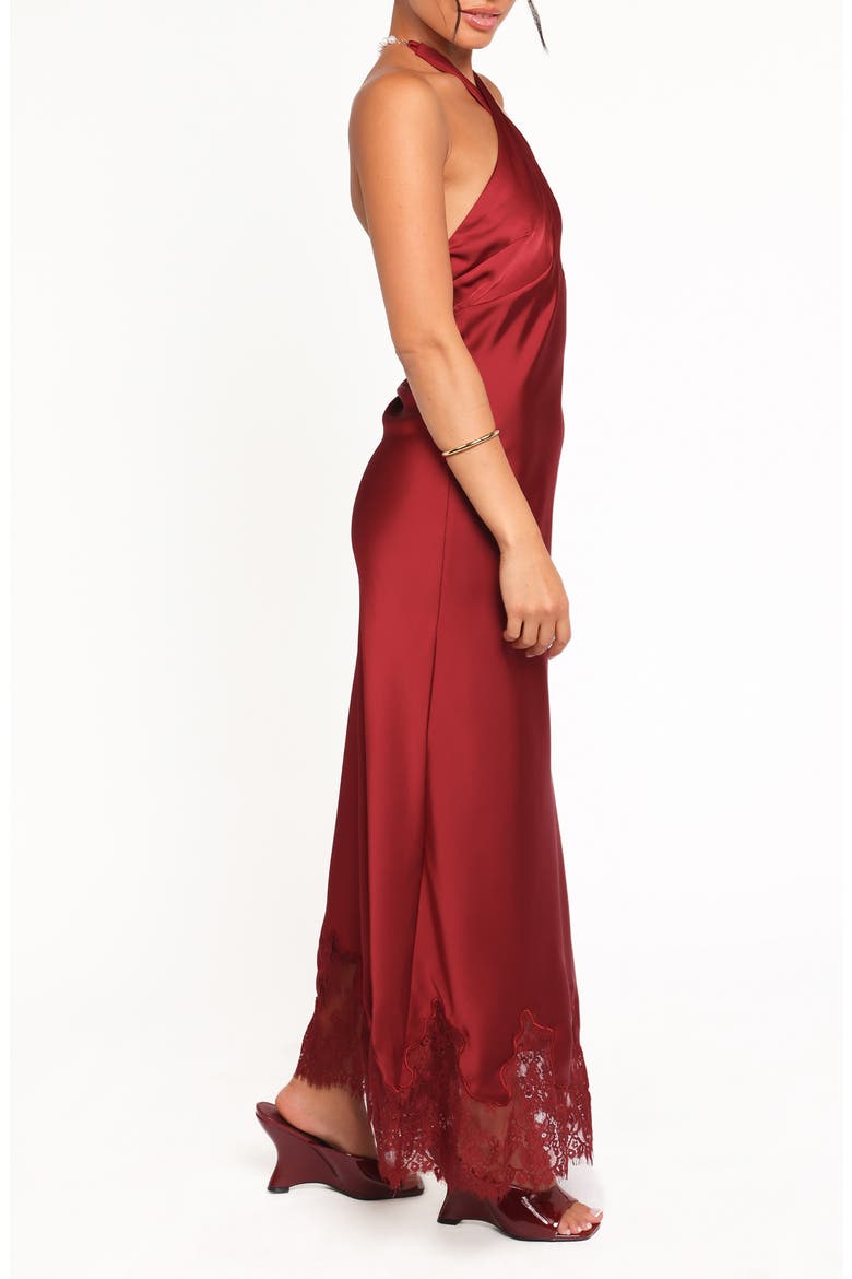 Jeannie Imitation Pearl Detail Satin Maxi Dress, Alternate, color, DARK RED