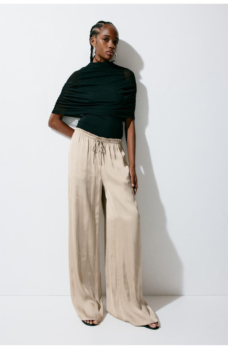 H&M Satin Drawstring Trousers, Alternate, color, Beige