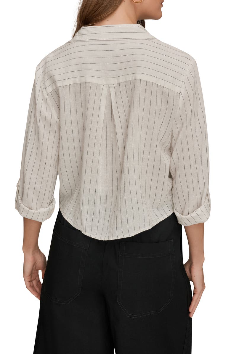 Donna Karan New York Yarn Dye Stripe Crop Linen Blend Button-Up Shirt, Alternate, color, Cream/ Black