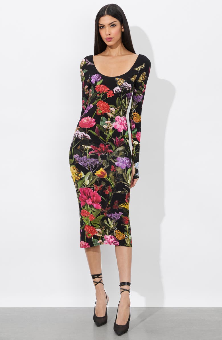 Alice + Olivia Delora Floral Long Sleeve Body-Con Midi Dress, Alternate, color, Secret Garden