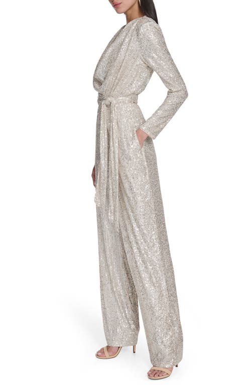 Eliza J Draped Neck Long Sleeve Sequin Jumpsuit In Silver
