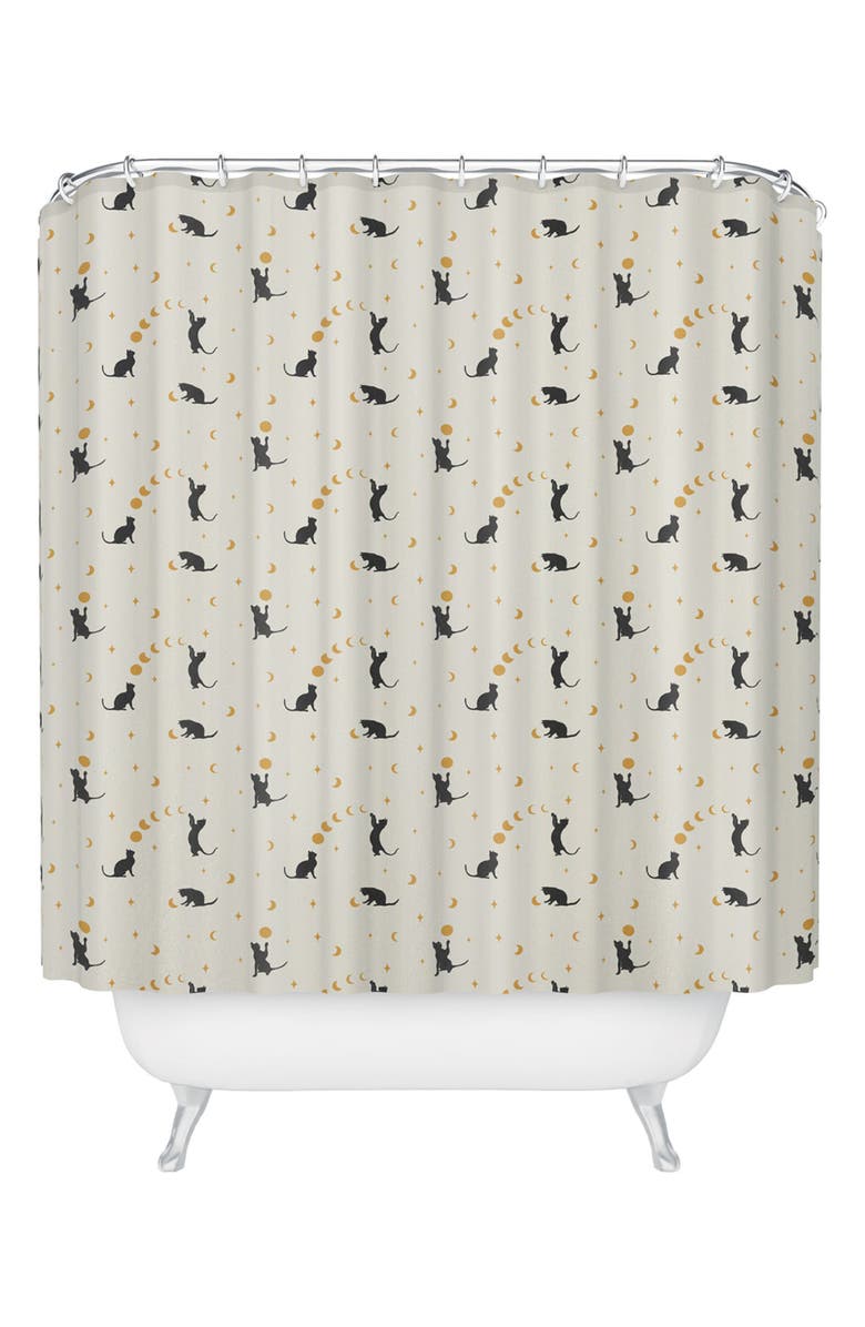 Deny Designs Cat and Moon Shower Curtain, Main, color, Cream