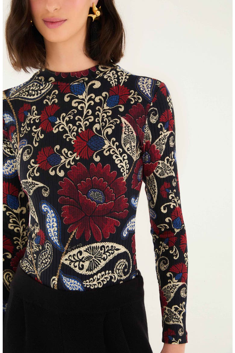 Valentina Floral Paisley Long Sleeve Stretch Cotton Bodysuit, Alternate, color, VALENTINA BLACK