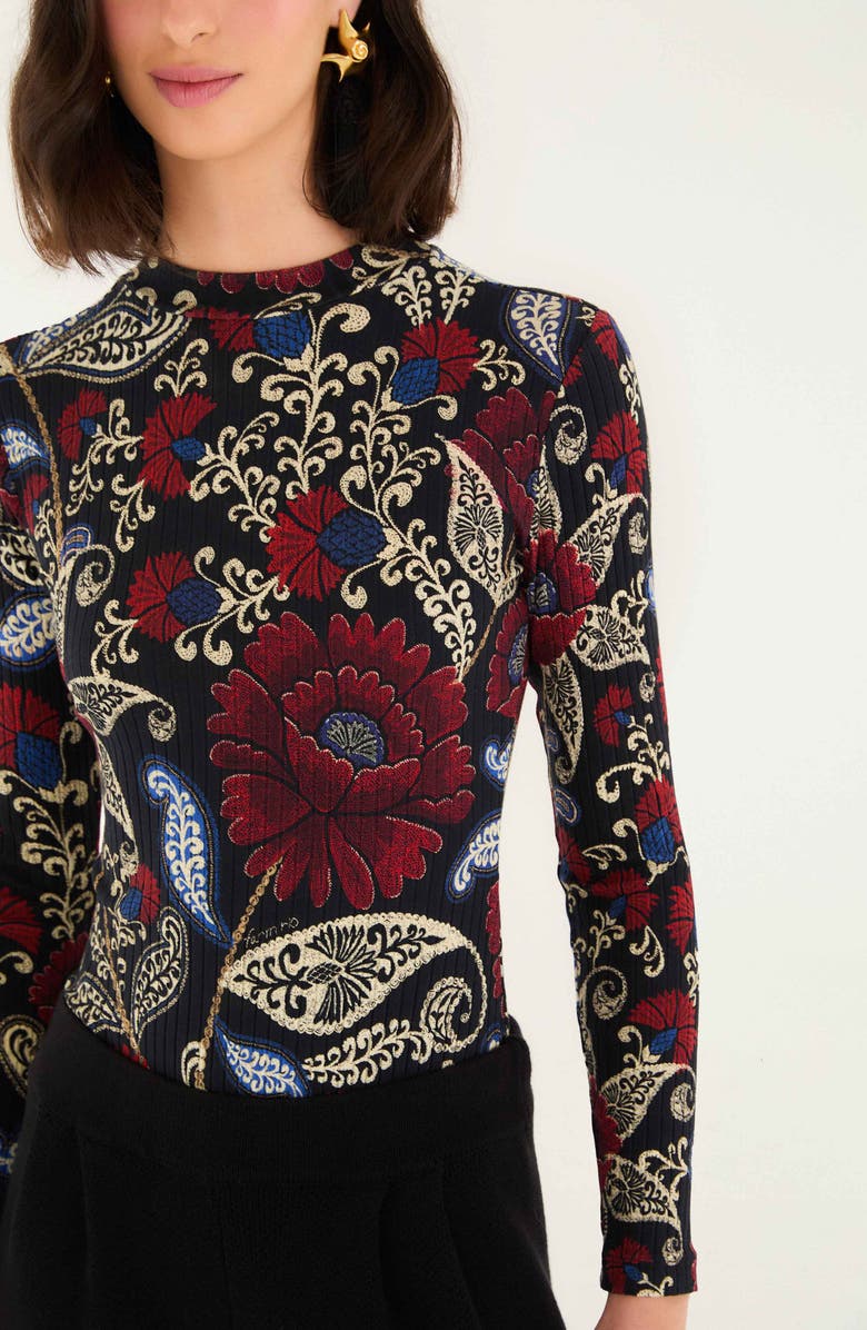 FARM Rio Valentina Floral Paisley Long Sleeve Stretch Cotton Bodysuit, Alternate, color, Valentina Black