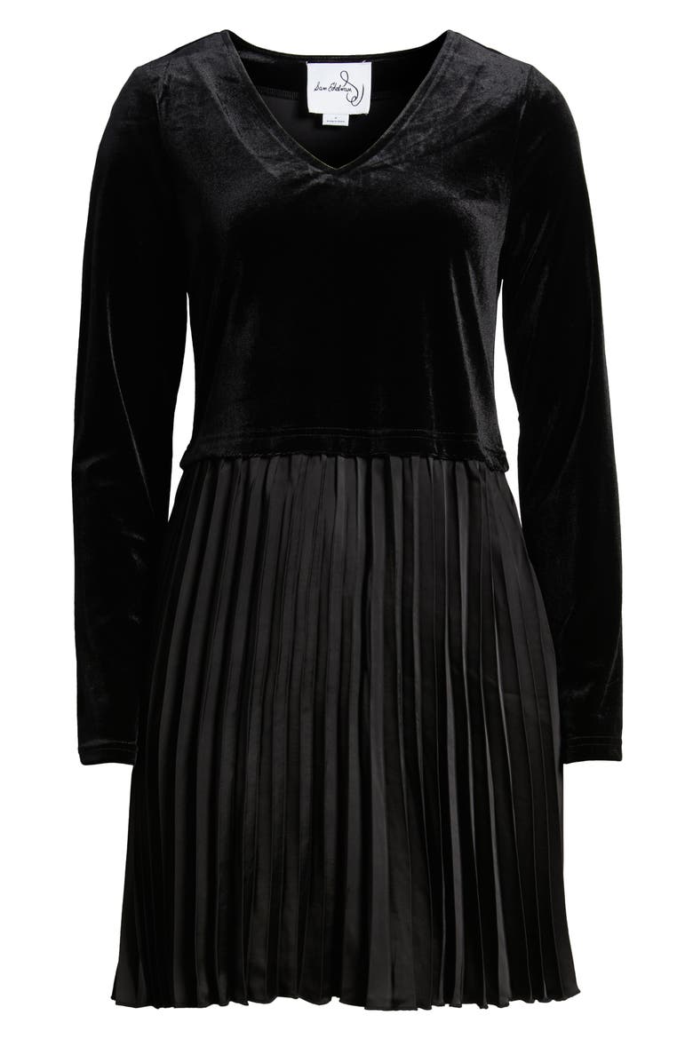Pleated Ling Sleeve Mixed Media Velvet Minidress, Alternate, color, BLACK