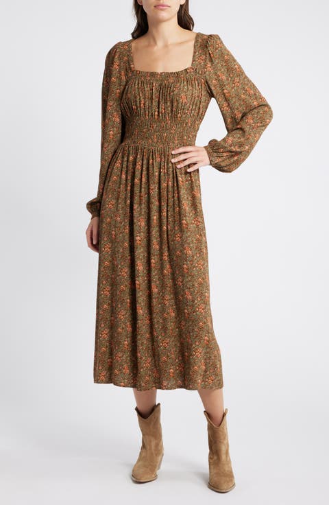 Floral Long Sleeve Smock Waist Dress