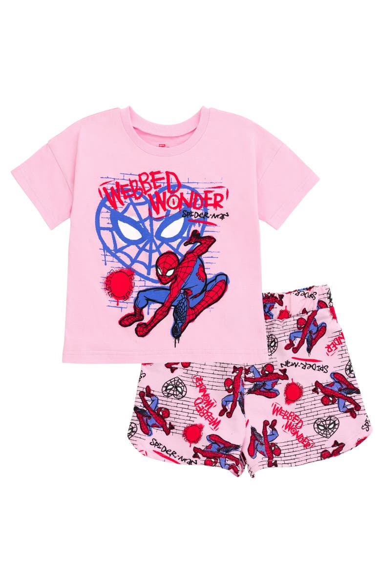 Marvel Spider-Man T-Shirt & French Terry Shorts Set, Main, color, Pink