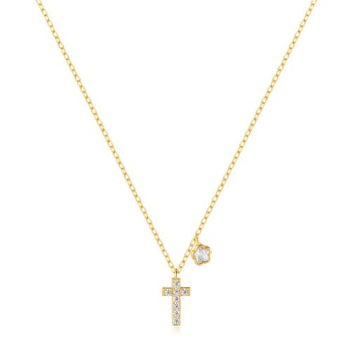 Hollywood Sensation Cross Necklace With Sparkling Cz And Floral Charm In Gold