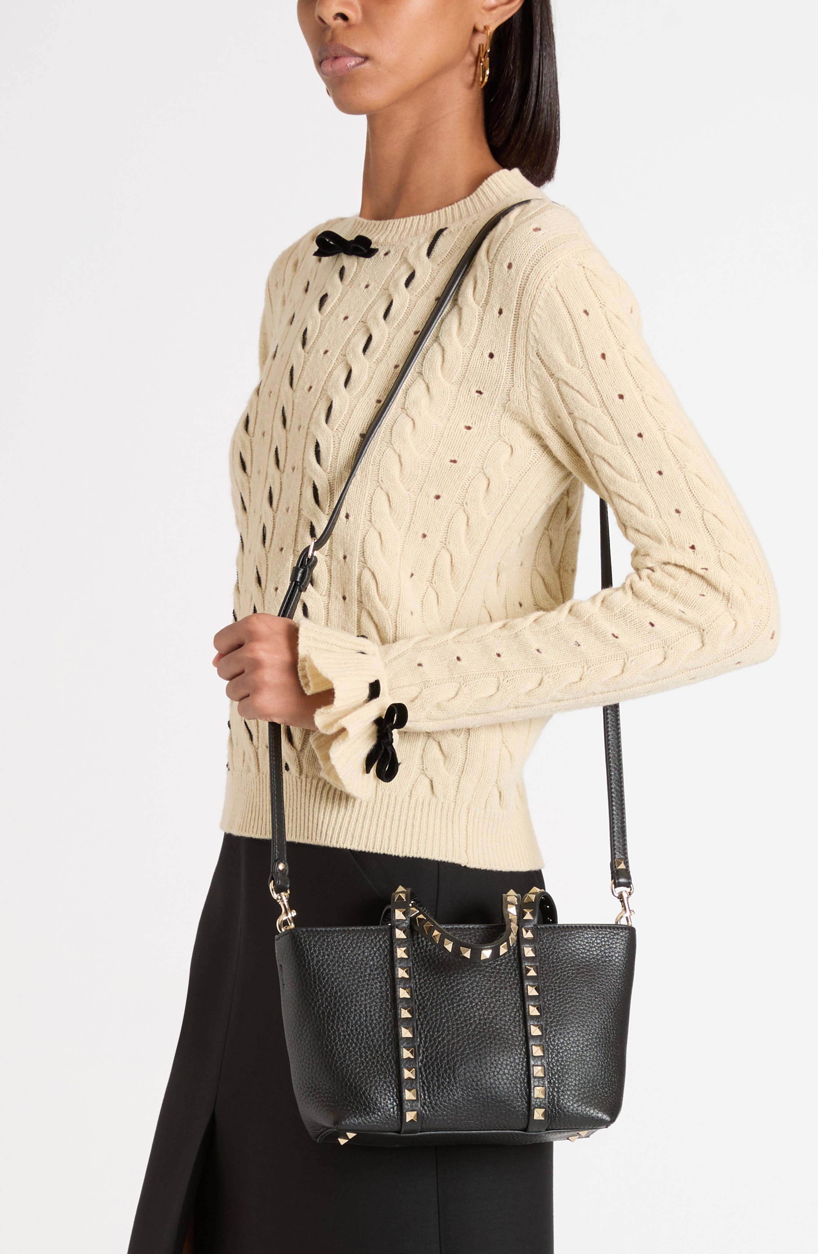 Valentino Garavani Mini Rockstud Leather Tote, Alternate, color, Nero