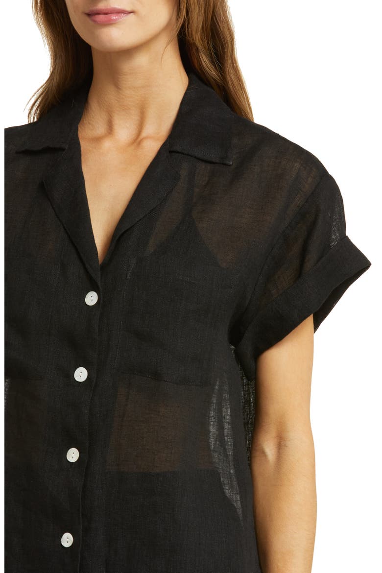 Playa Pocket Linen Cover-Up Button-Up Shirt, Alternate, color, BLACK ECO LINEN
