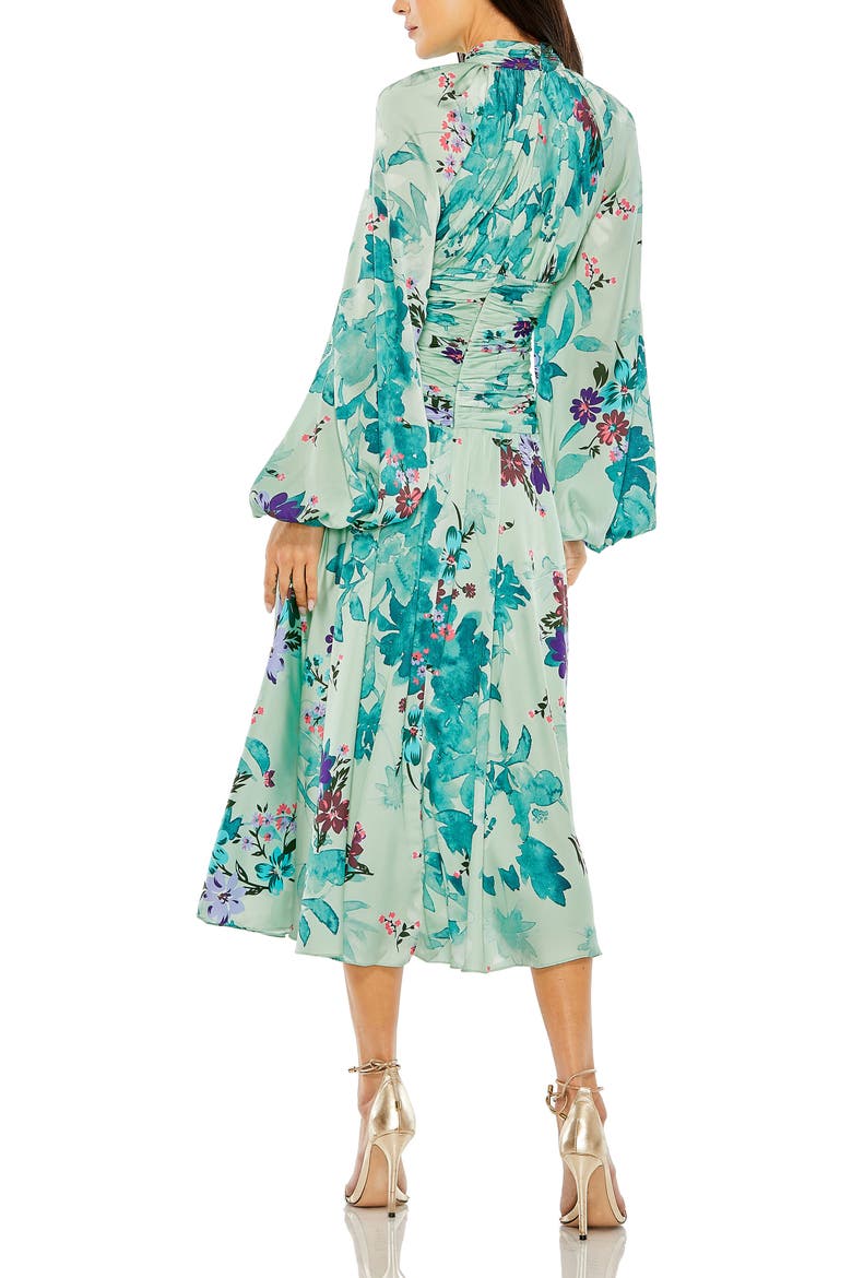 Floral Print Satin Long Sleeve Keyhole Gown, Alternate, color, Sage Multi