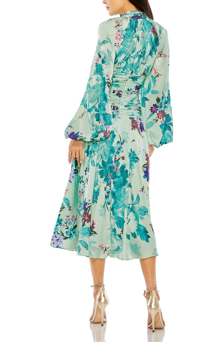 Mac Duggal Floral Print Satin Long Sleeve Keyhole Gown, Alternate, color, Sage Multi
