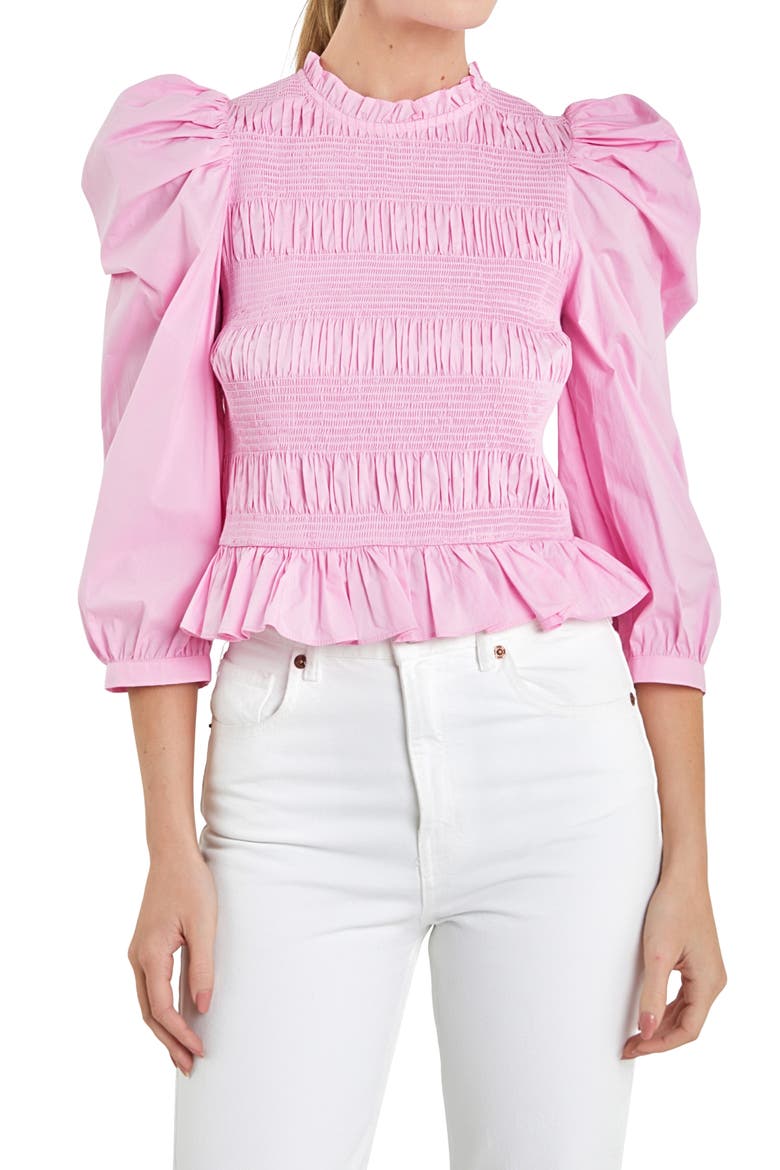 Smocked Puff Shoulder Poplin Top, Alternate, color, PASTEL PINK