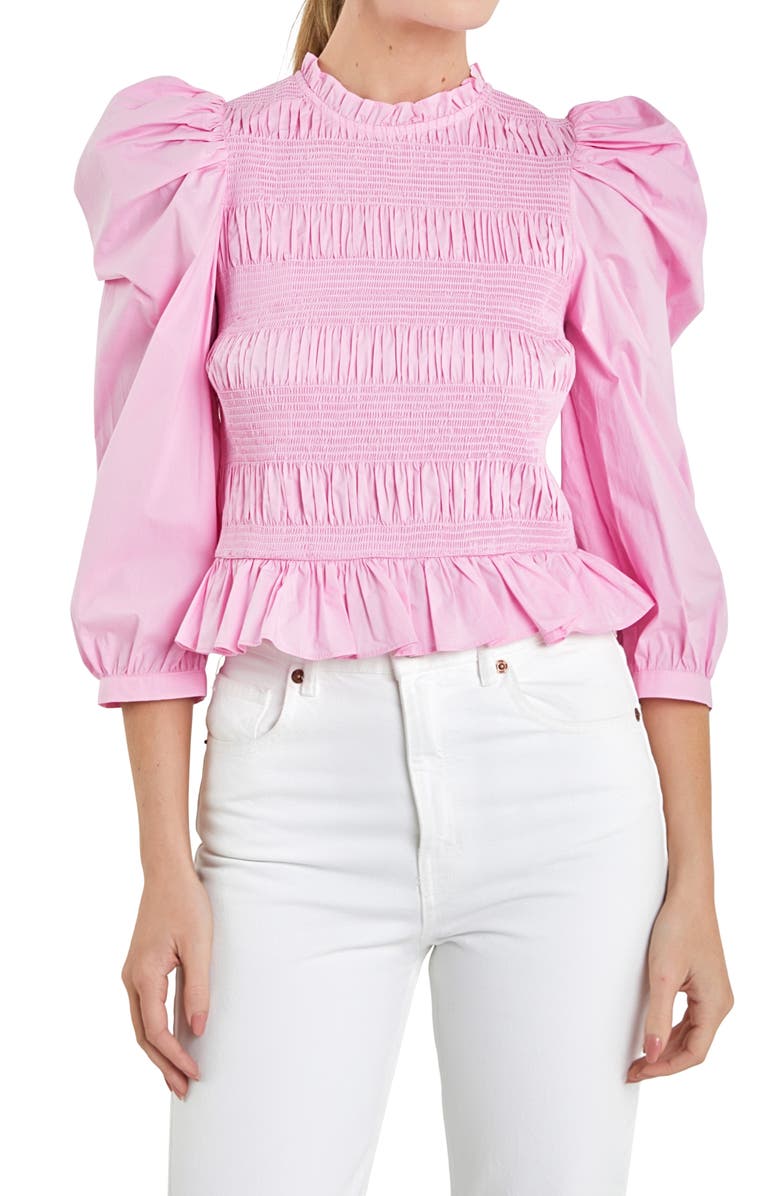 English Factory Smocked Puff Shoulder Poplin Top, Alternate, color, Pastel Pink