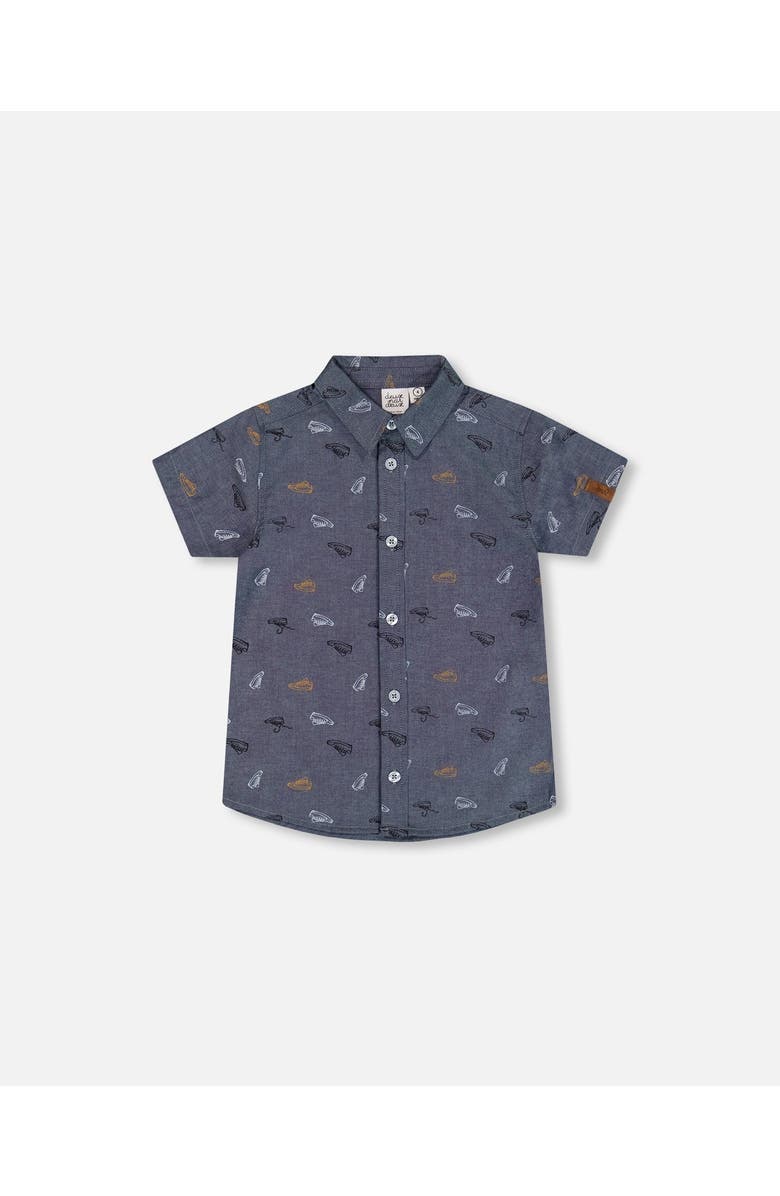 Deux par Deux Boy's Printed Chambray Short Sleeve Shirt Gray, White And Tan, Main, color, Gray, White And Tan