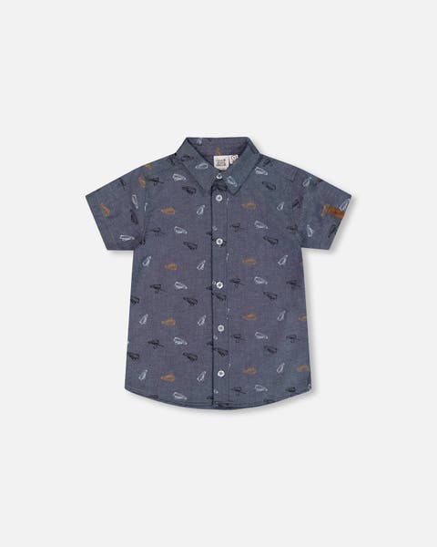 Boy's Printed Chambray Short Sleeve Shirt Gray, White And Tan