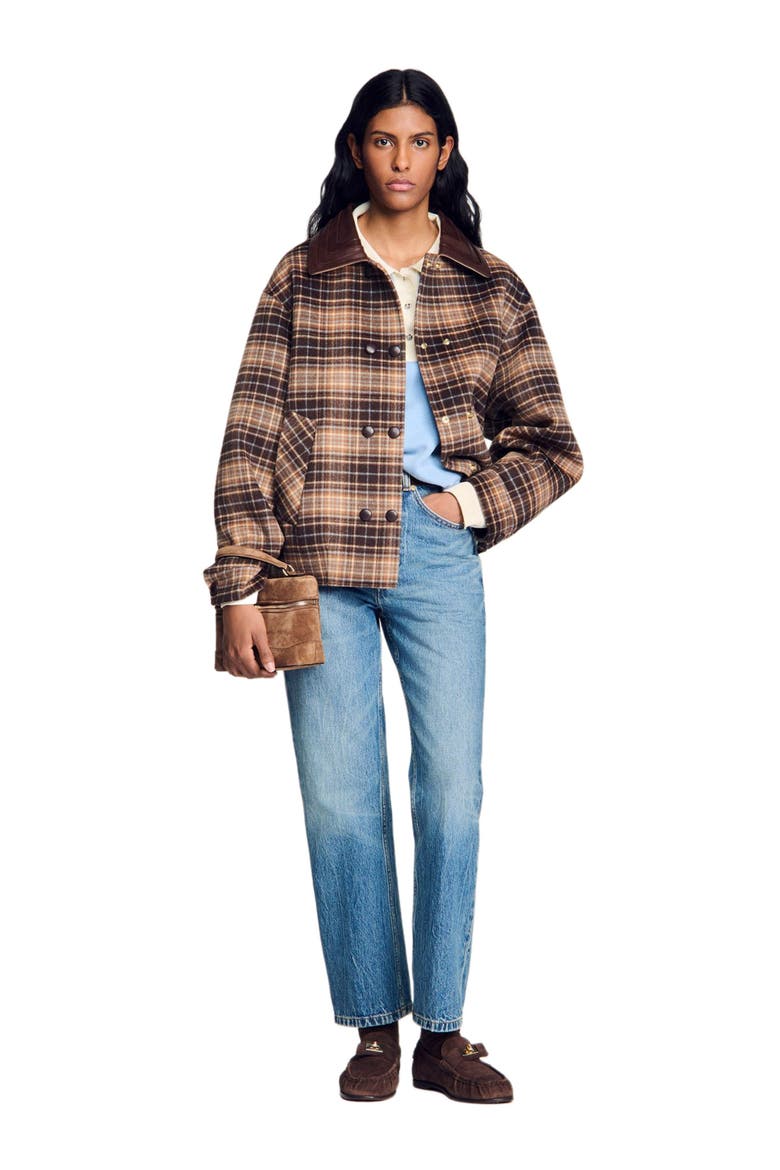 Check coat with leather collar, Alternate, color, Brown