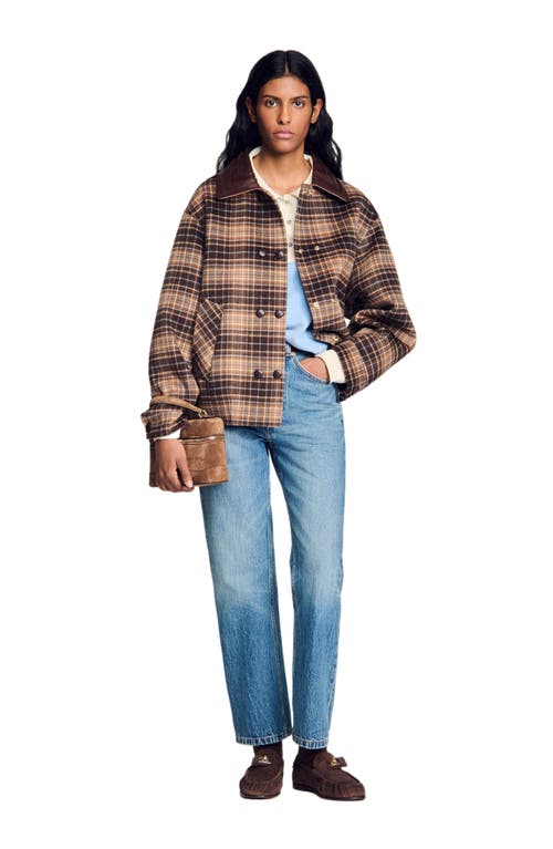 Sandro Check Coat With Leather Collar In Brown