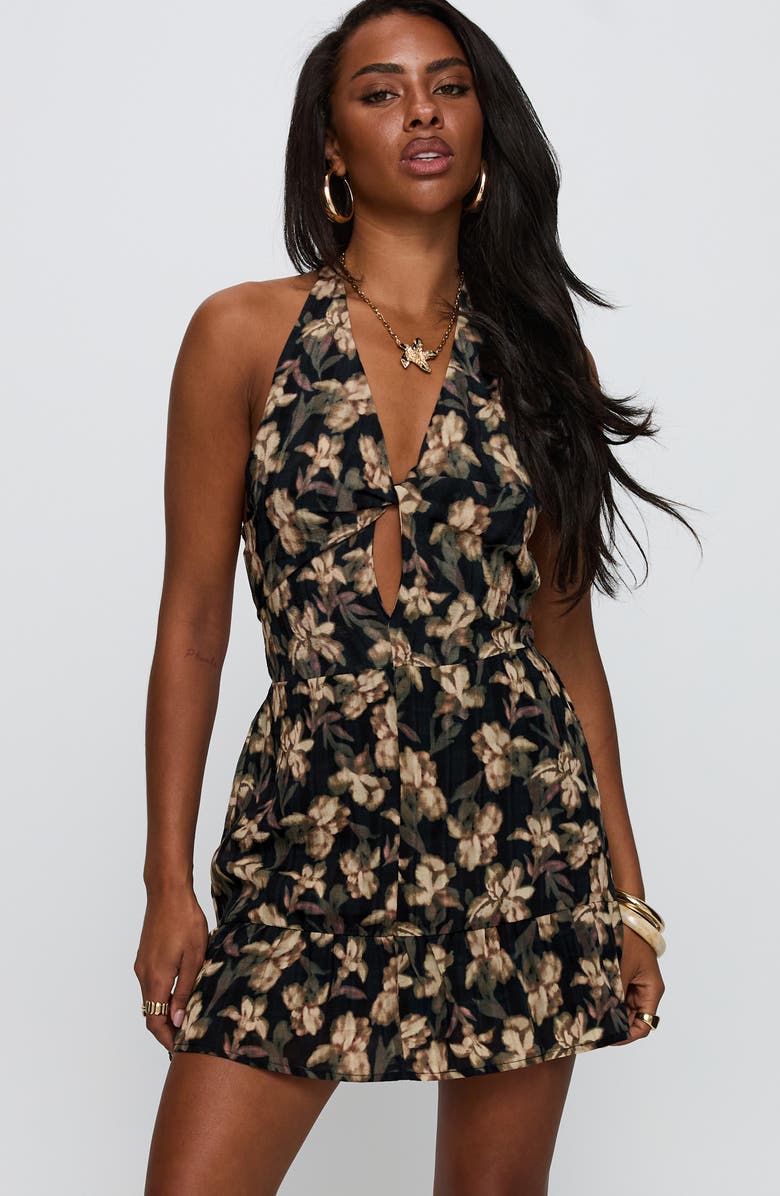 Princess Polly Ivorie Floral Print Halter Minidress, Alternate, color, Black Multi