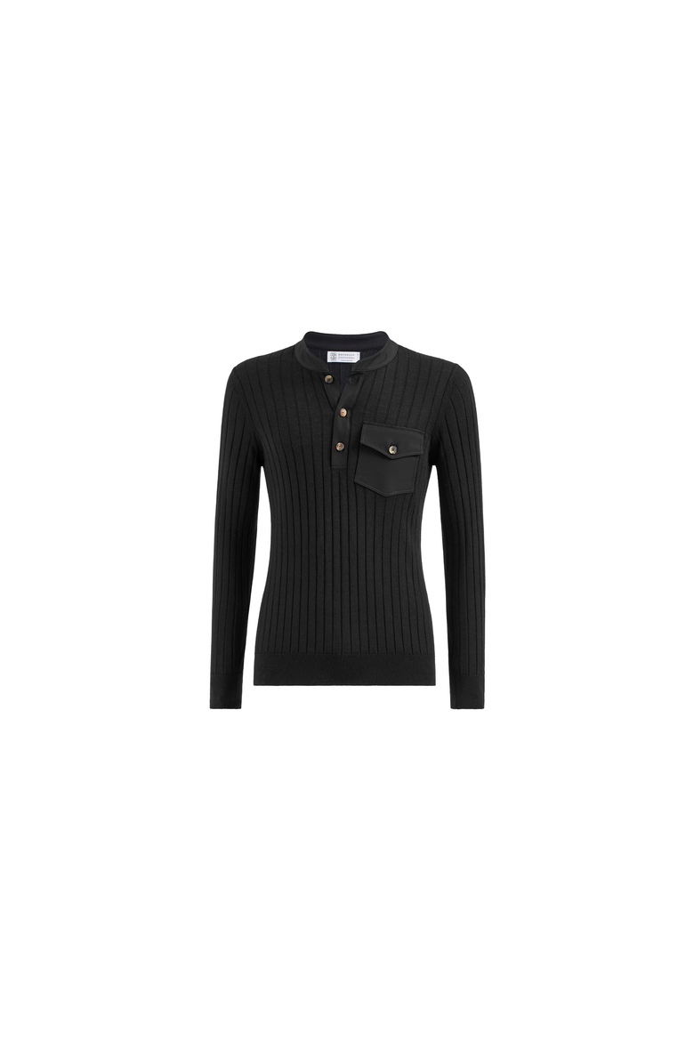 Cashmere and silk ribbed sweater with Henley collar and chest pocket, Alternate, color, Black