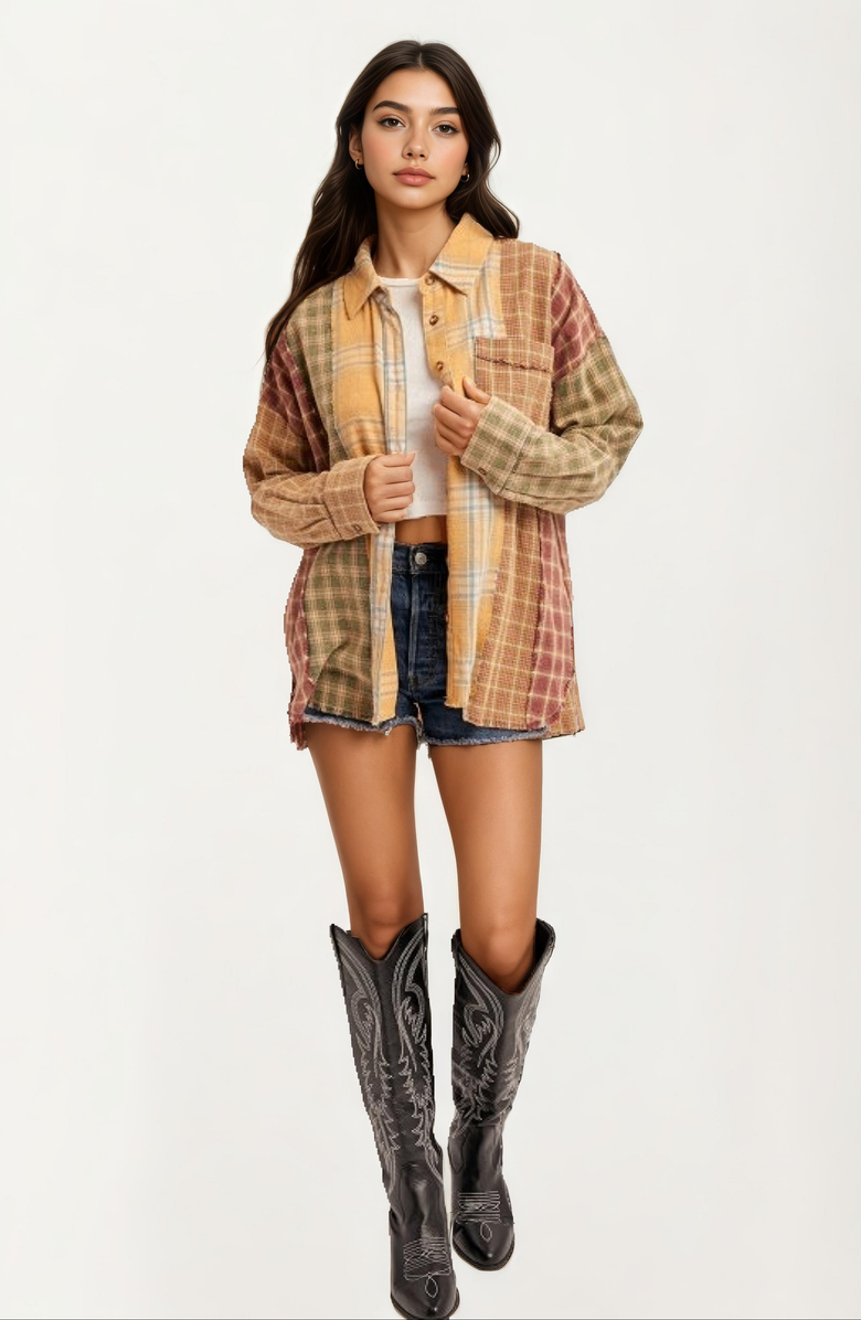 Knit and Lounge Patchwork Plaid Chest-Pocket Button-Down Shirt, Alternate, color, 